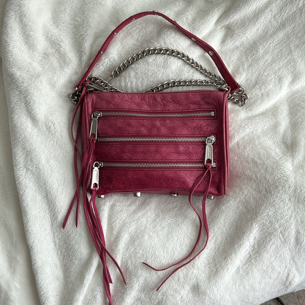 Rebecca Minkoff Pink Leather Zip Rocker Crossbody Bag With Silver Chain Strap